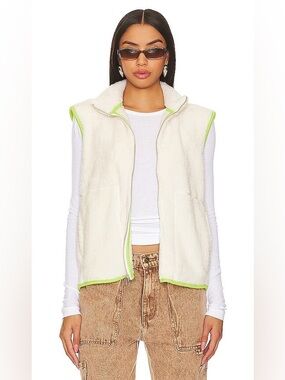 Sundry Faux Fur Sherpa Front Zip Sleeveless Vest Cream Lime